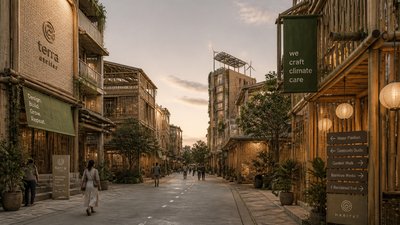 bustling city street panorama at dusk