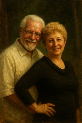 a painting of a man and woman posing for a picture