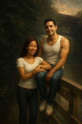 a painting of a man and a woman sitting on a bridge