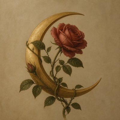 a rose entwined with a crescent moon, clean balanced composition on a plain background, no text