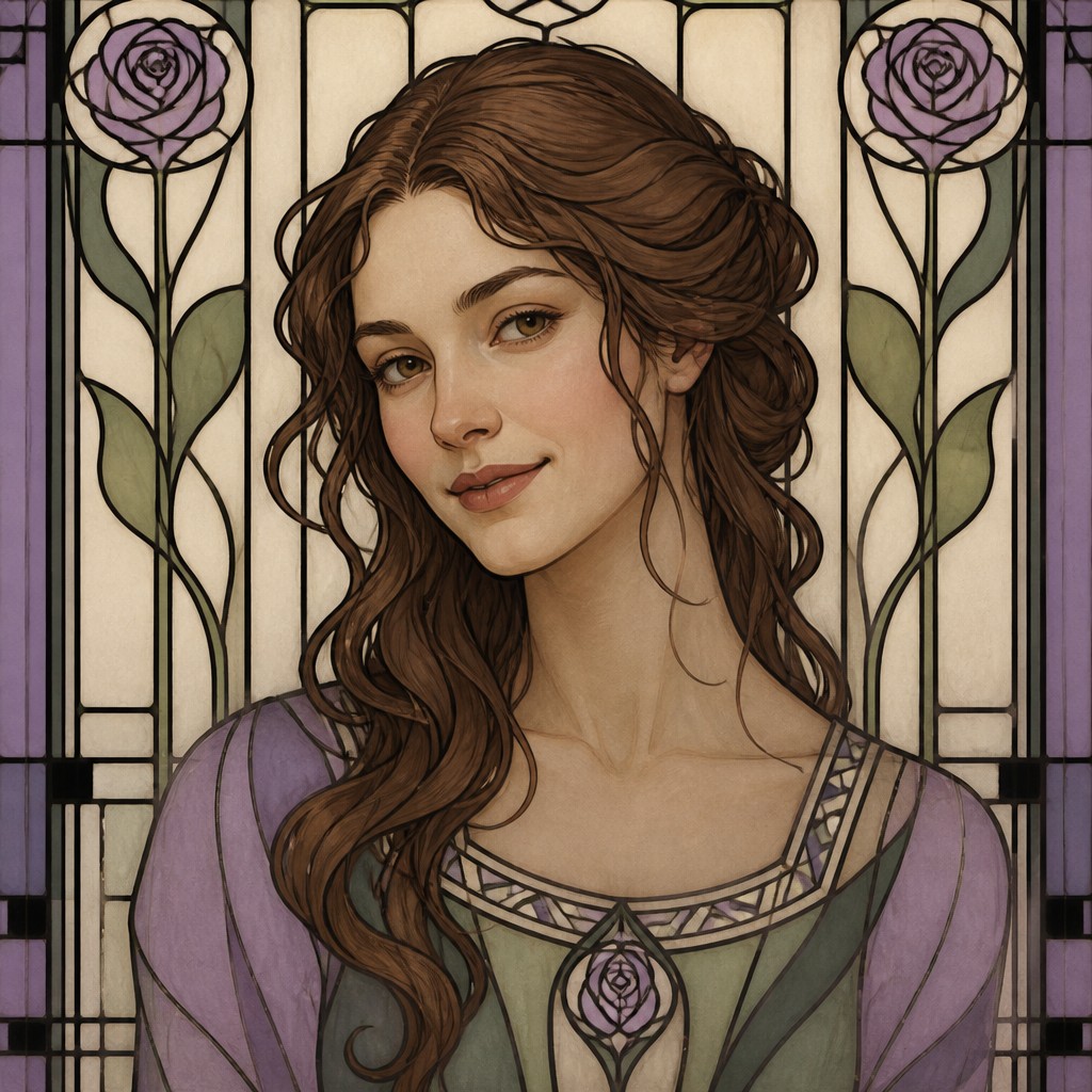 head-and-shoulders portrait of an original character: a young woman with wavy chestnut hair and a warm smile, plain soft backdrop