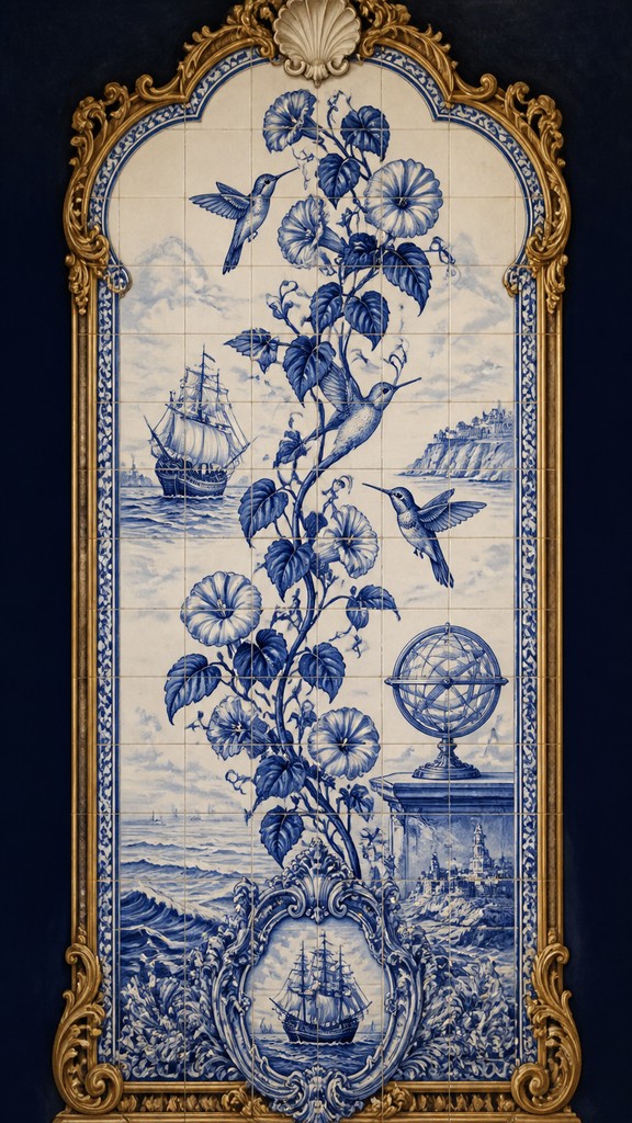 a climbing vine of flowers and hummingbirds on a dark background, tall wrapping composition, no text