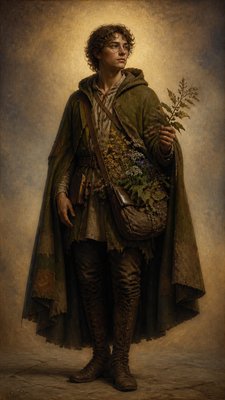 full-body original character: a wandering botanist with a satchel of plants, a patched green cloak, tall boots and round glasses, neutral background
