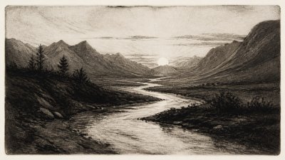 a vast valley with a river winding toward distant mountains at sunrise, no people, no text
