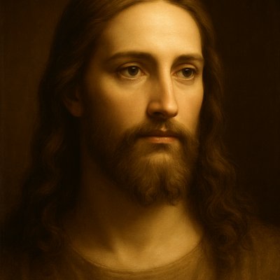a painting of jesus with long hair and a beard
