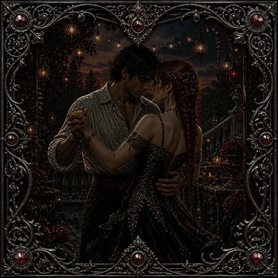 an original couple dancing under string lights in a garden at dusk: a man with short black hair in a linen shirt and a woman with braided red hair in a summer dress