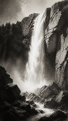 towering waterfall cascading down a cliff
