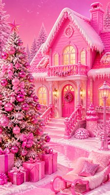 a snow-covered cottage with warm glowing windows beside a decorated pine tree, gentle snowfall, no text