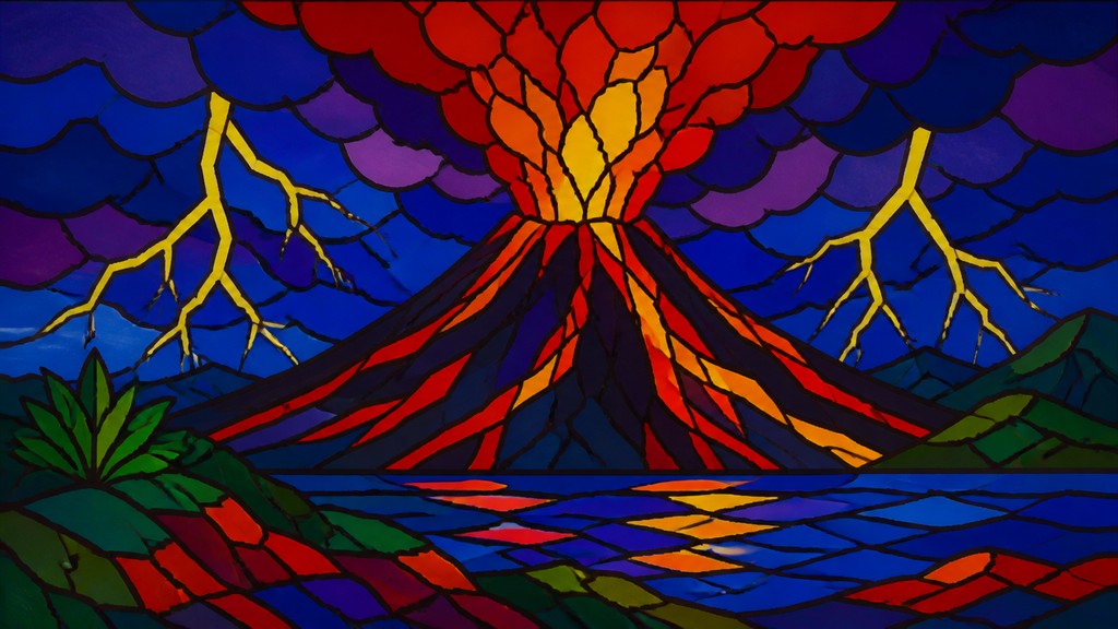 an erupting volcano with lightning strikes, dramatic wide composition, no text