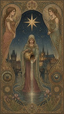 a robed figure pouring water beneath a large eight-pointed star in a night sky, symmetrical composition with an ornate decorative border, no text
