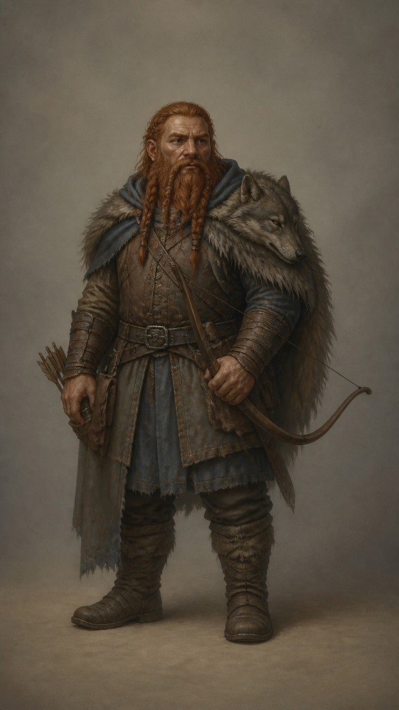 full-body original character: a dwarven ranger with a braided auburn beard, worn leather armor, a longbow and a wolf-pelt cloak, neutral background, no text
