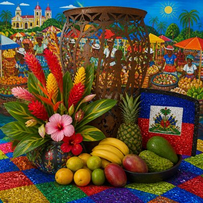 still life arrangement of fruits and flowers