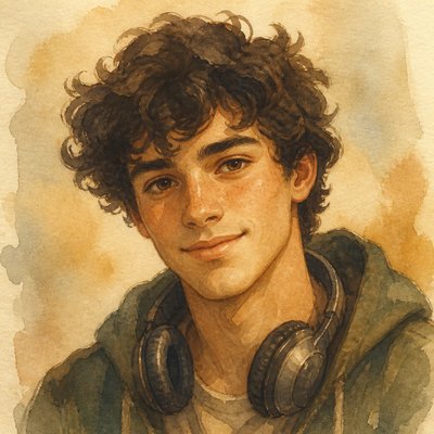 head-and-shoulders portrait of an original character: a young man with curly dark hair and headphones around his neck, plain backdrop, no text