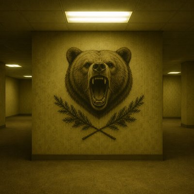 a roaring bear head above crossed pine branches, bold graphic composition on a plain background, no text