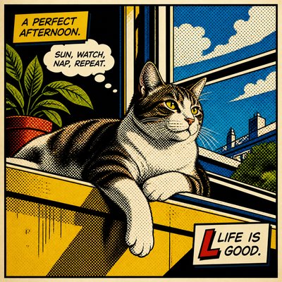 a cat lounging in a sunlit window