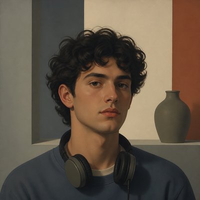 head-and-shoulders portrait of an original character: a young man with curly dark hair and headphones around his neck, plain backdrop, no text