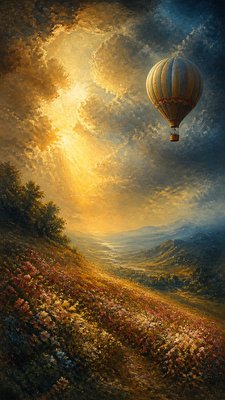 a hot air balloon drifting over rolling flower fields on a sunny day, cheerful, no text