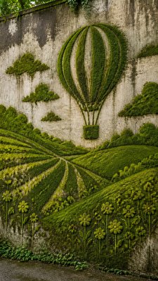 a hot air balloon drifting over rolling flower fields on a sunny day, cheerful, no text