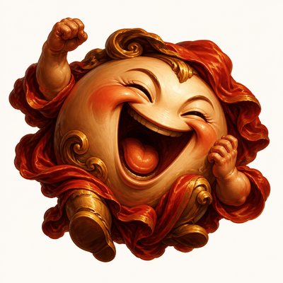 an exaggerated laughing face of an original round mascot character, bold and readable at small size, plain background, no text