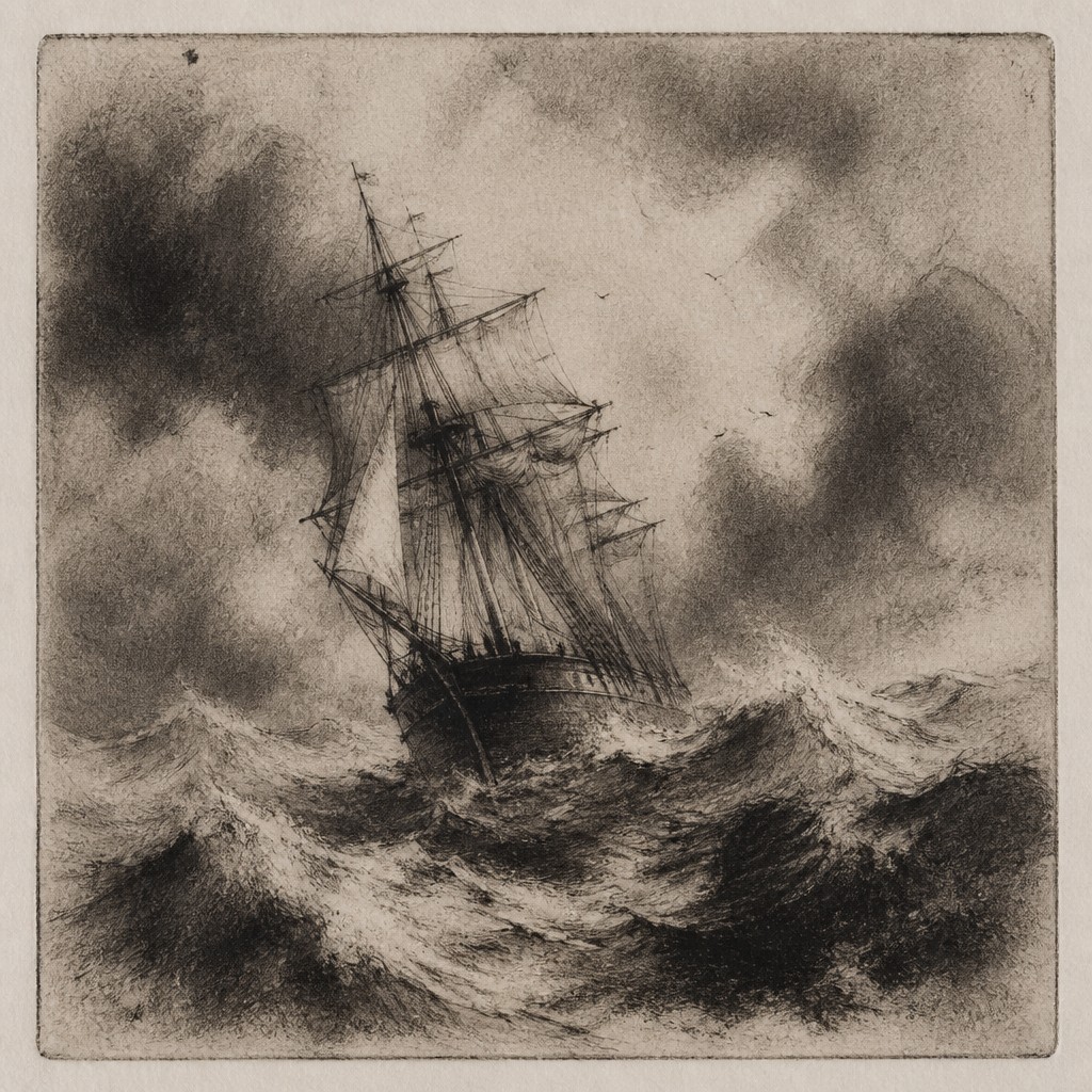 sailing ship on a stormy sea — Drypoint Print Style