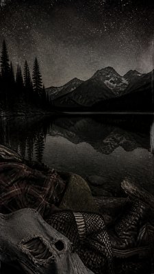 a tranquil mountain lake beneath a starry night sky, no people, no text