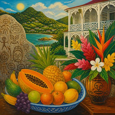 still life arrangement of fruits and flowers