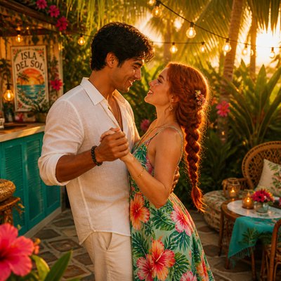 an original couple dancing under string lights in a garden at dusk: a man with short black hair in a linen shirt and a woman with braided red hair in a summer dress