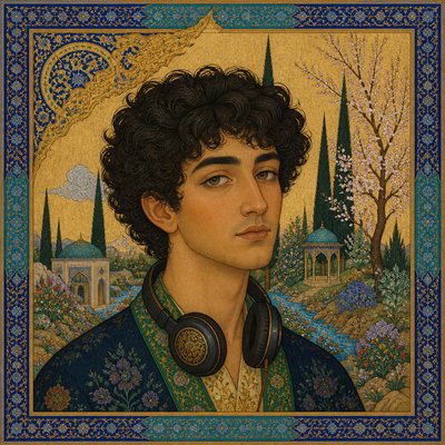 head-and-shoulders portrait of an original character: a young man with curly dark hair and headphones around his neck, plain backdrop, no text