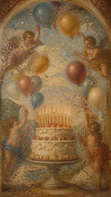 a birthday cake with lit candles surrounded by balloons and confetti, festive vertical composition, no text
