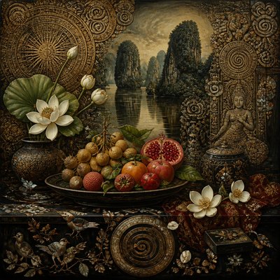 still life arrangement of fruits and flowers