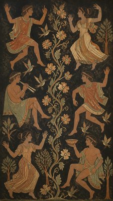 a climbing vine of flowers and hummingbirds on a dark background, tall wrapping composition, no text