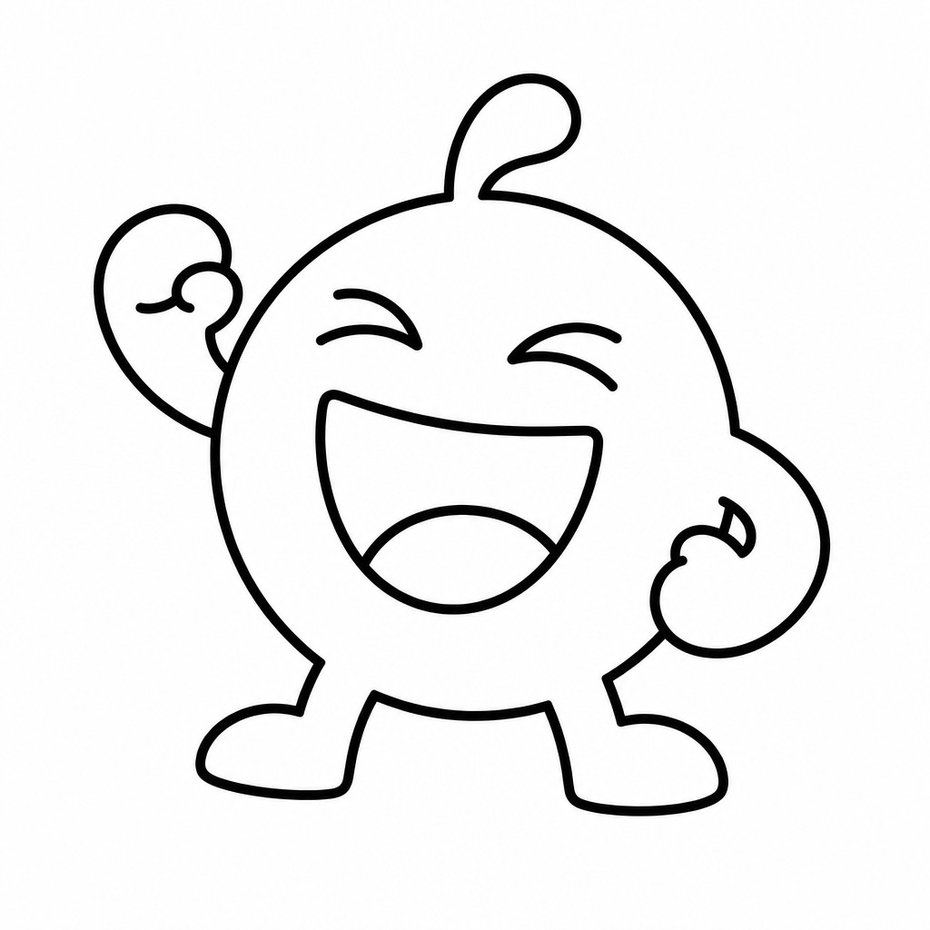 an exaggerated laughing face of an original round mascot character, bold and readable at small size, plain background, no text