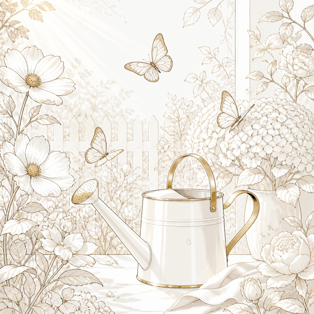 a garden scene with butterflies, flowers and a watering can, clean uncolored line art, no text