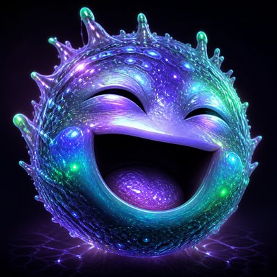 an exaggerated laughing face of an original round mascot character, bold and readable at small size, plain background, no text