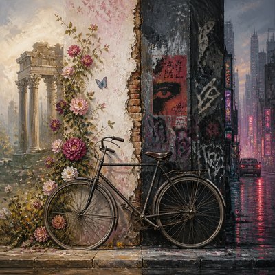 bicyle resting against a wall — Bold Juxtaposition Art Style