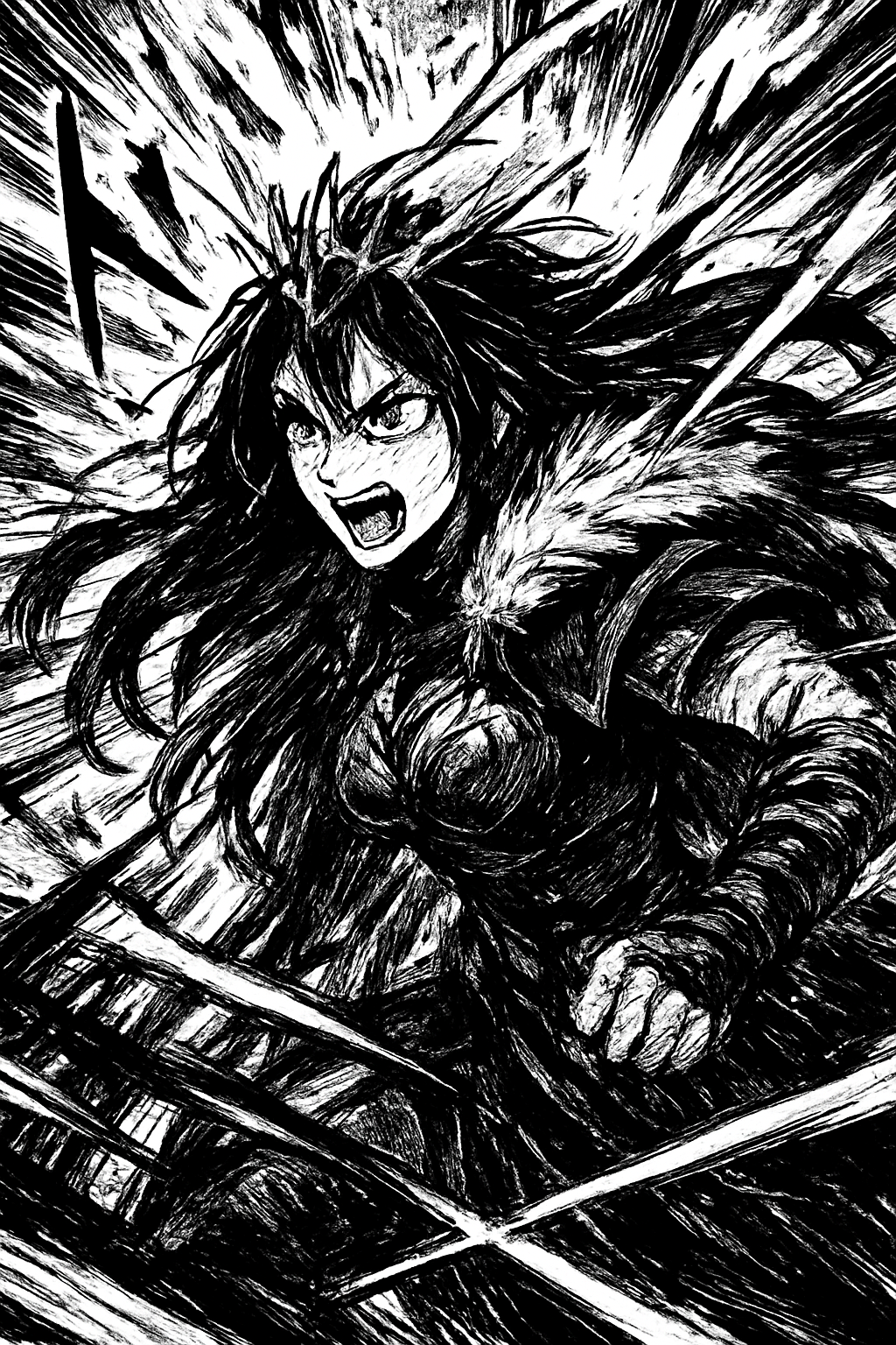 a black and white drawing of a woman holding a sword