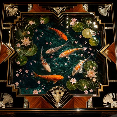 A koi pond seen from above, orange and white koi fish swimming among lily pads, clear water with subtle ripples, fallen cherry blossom petals floating on the surface, dappled sunlight