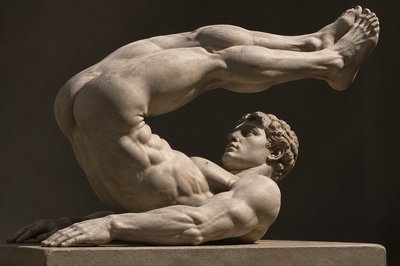 ancient greek ignudi athlete with-his-back on the ground and his legs raised over his torso