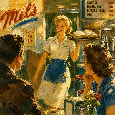 a painting of a waitress serving a customer