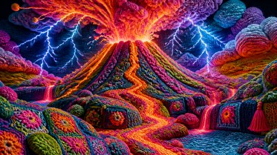 an erupting volcano with lightning strikes, dramatic wide composition, no text