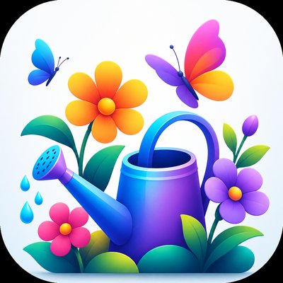 a garden scene with butterflies, flowers and a watering can, clean uncolored line art, no text