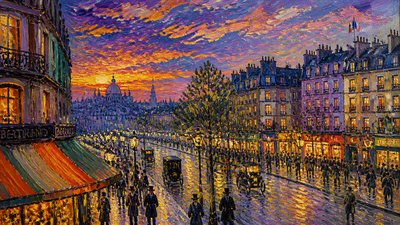 bustling city street panorama at dusk