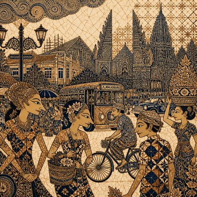 urban street with city activity — Indonesian Art Style