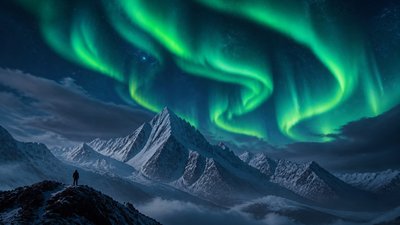 a flowing aurora over snowy peaks, wide sweeping composition, no people, no text