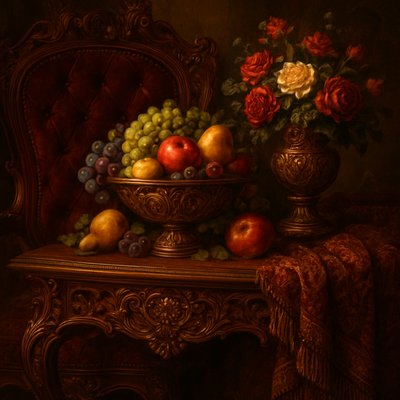 still life arrangement of fruits and flowers