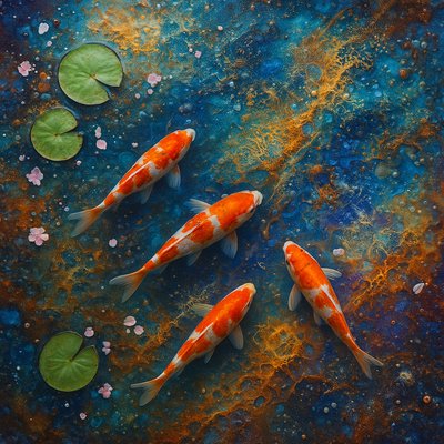 A koi pond seen from above, orange and white koi fish swimming among lily pads, clear water with subtle ripples, fallen cherry blossom petals floating on the surface, dappled sunlight