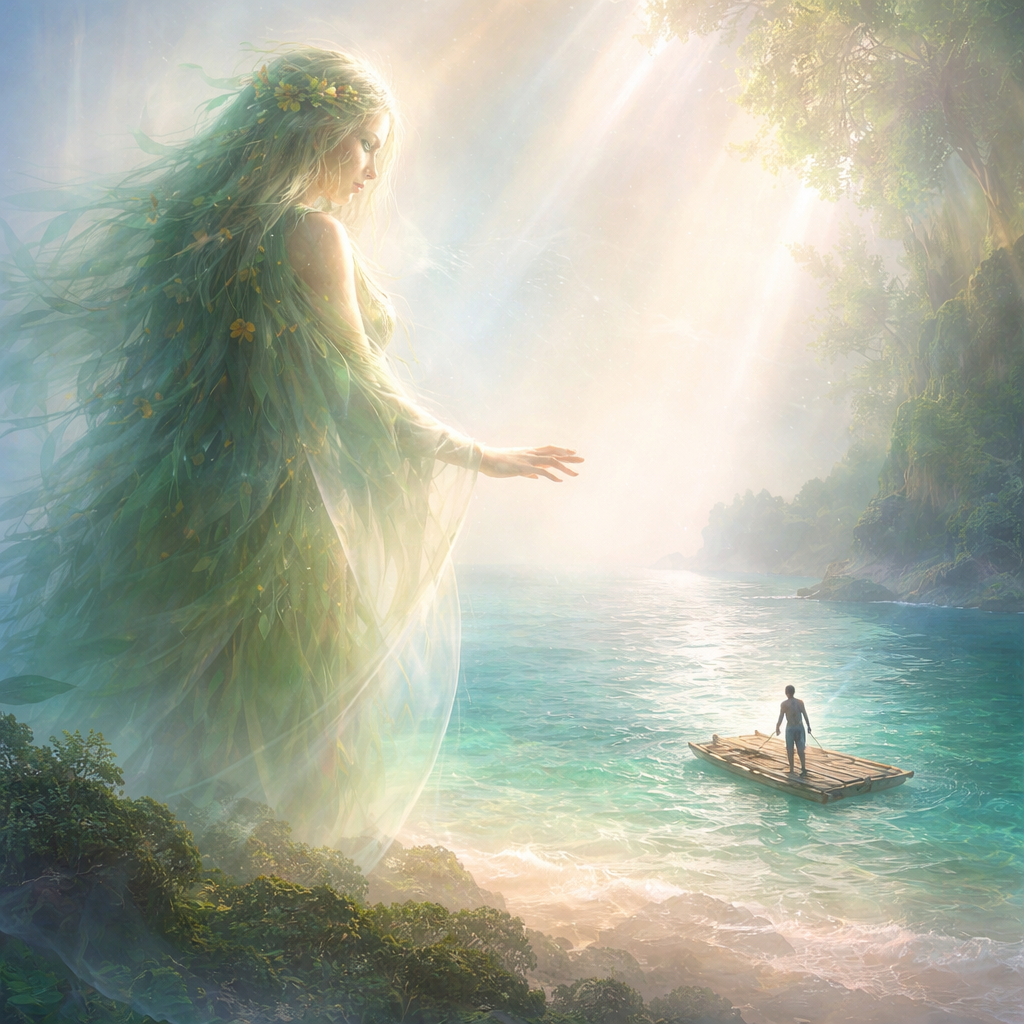 From a little distance, An island goddess spirit robed in green leaves
observes a castaway man launching a raft to escape the island. The goddess spirit looks sad to see him leave and reaches a hand towards him but is unseen