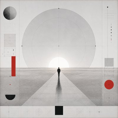 a solitary figure walking toward a glowing horizon across an empty plain, moody atmosphere, no text or lettering