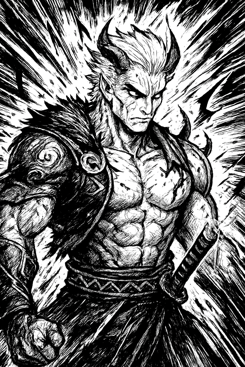 a black and white drawing of a demon holding a sword