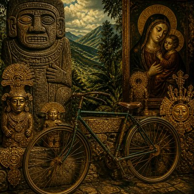 bicyle resting against a wall — Colombian Art Style